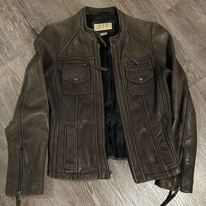 Women’s Green-Brown Leather Zip-Front Jacket